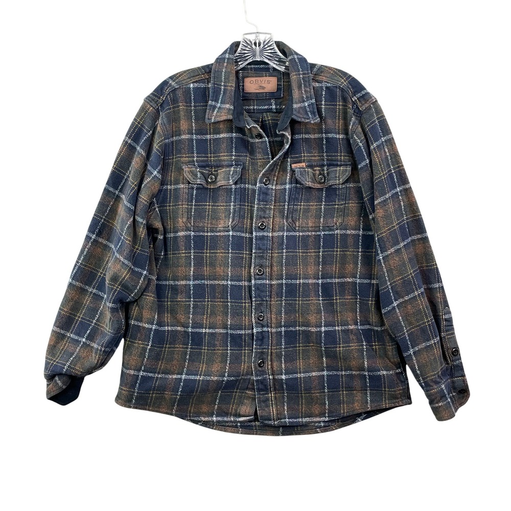 Orvis Flannel Shirt Mens Large Blue Brown Plaid Gorpcore Academia Outdoors